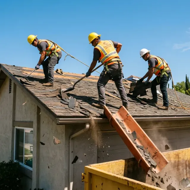 Residential roof during tear-off with decking exposed on the upper slope