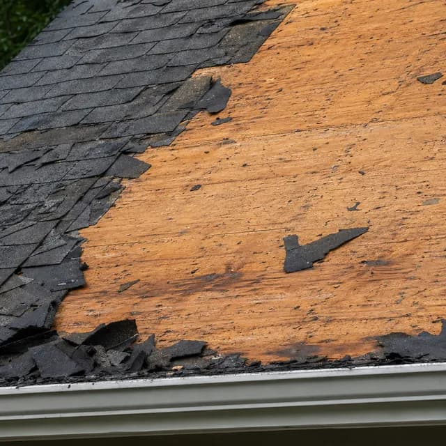 Close view of roof edge during tear-off with shingles removed along the eave