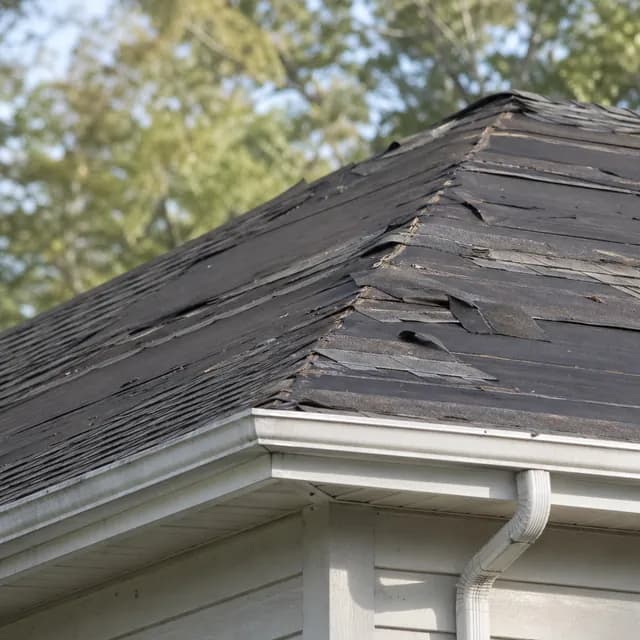Corner angle of a house roof in tear-off with partial shingles and underlayment visible