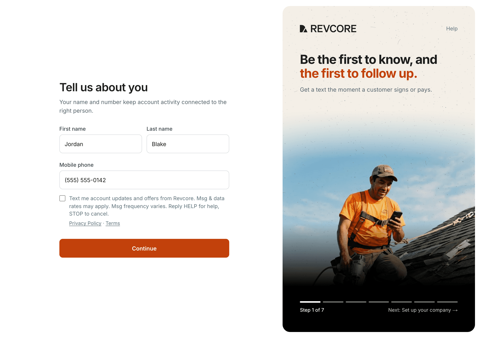 The Tell us about you setup screen with name, mobile phone, the unchecked texting checkbox and the Privacy Policy and Terms links