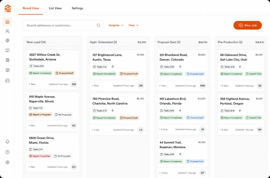 RevCore CRM board view showing leads and jobs organized by stage