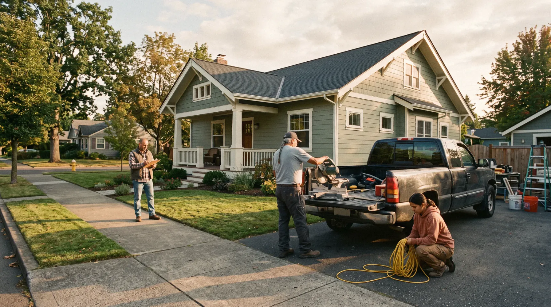 A remodeling crew packing up at golden hour in front of a finished craftsman house with new siding