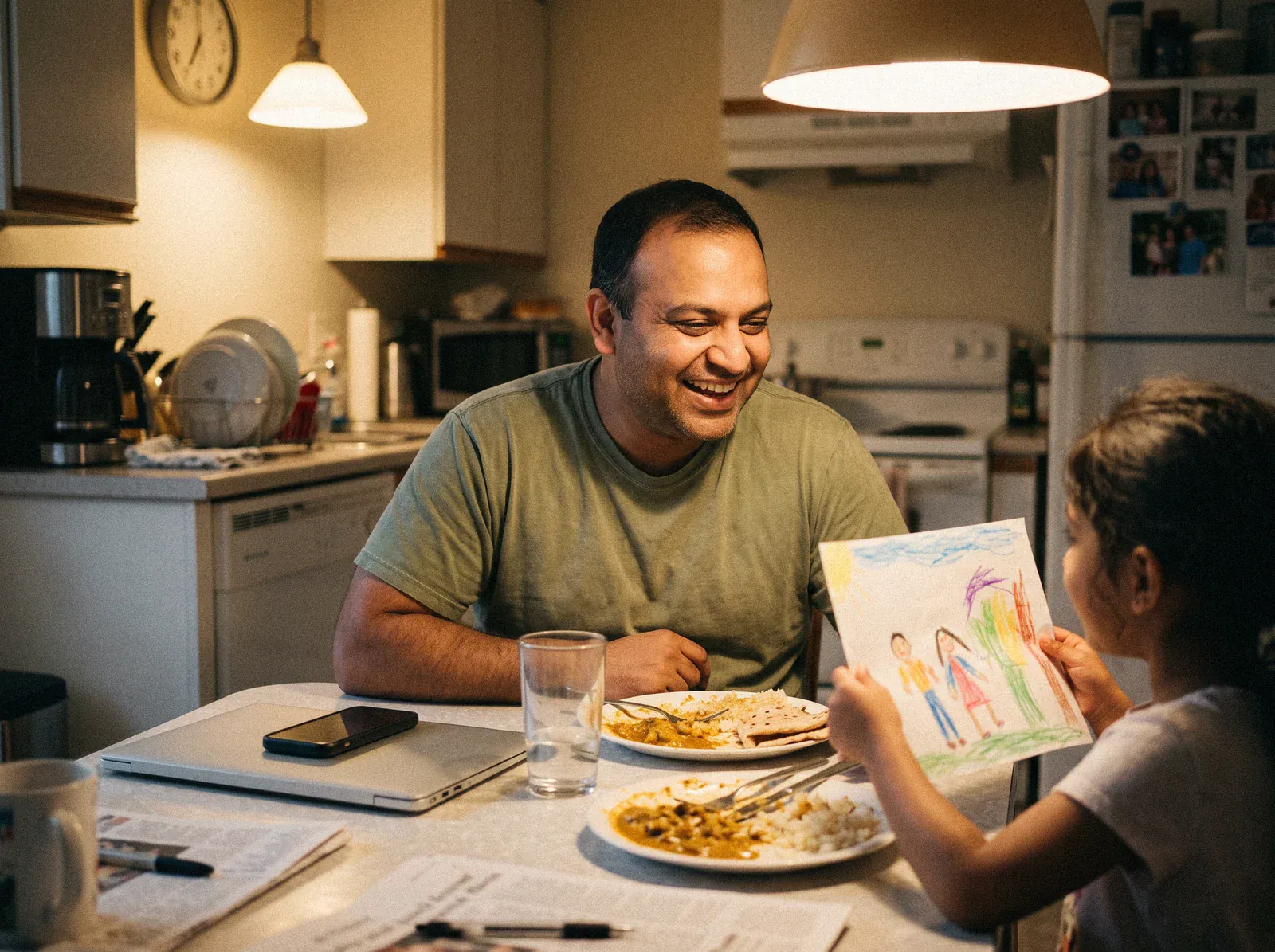 An HVAC company owner at his kitchen table, laptop closed, laughing as his daughter shows him a drawing
