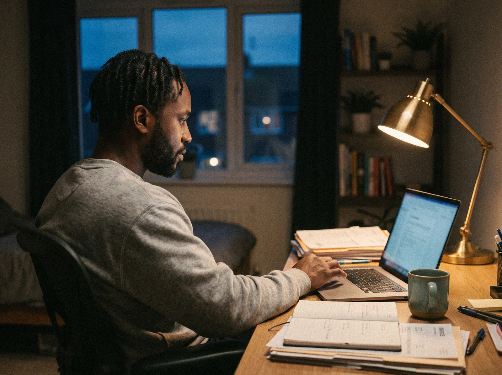 An office manager at a home desk in the evening, asking his AI assistant about the business on a laptop