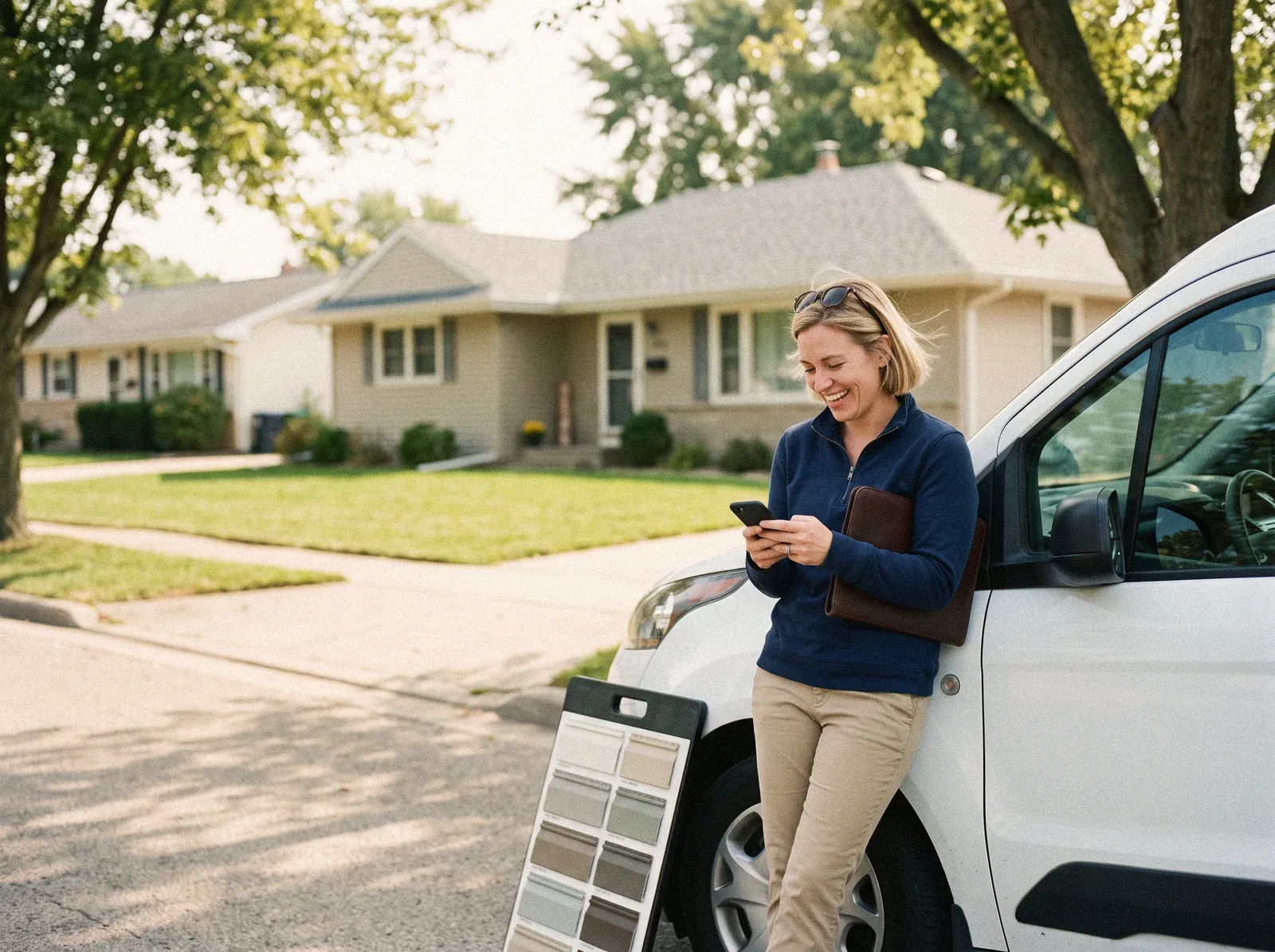 A sales rep leaning on a work van at the curb, laughing at something on her phone