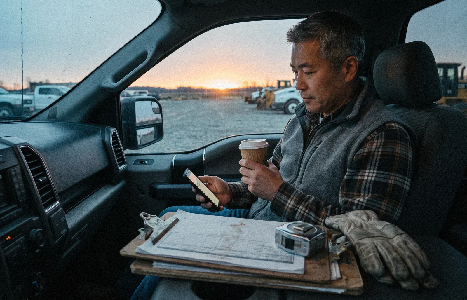 A siding company owner in his truck at sunrise, coffee in one hand, reading his phone