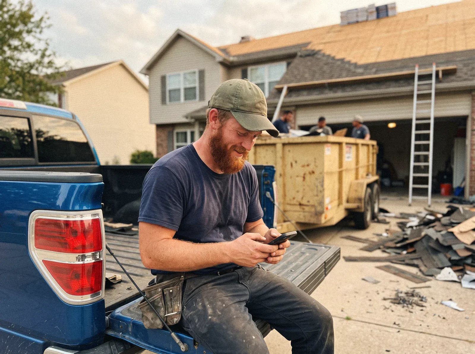 A roofing crew lead sitting on his truck's tailgate during a tear-off, replying to a homeowner on his phone