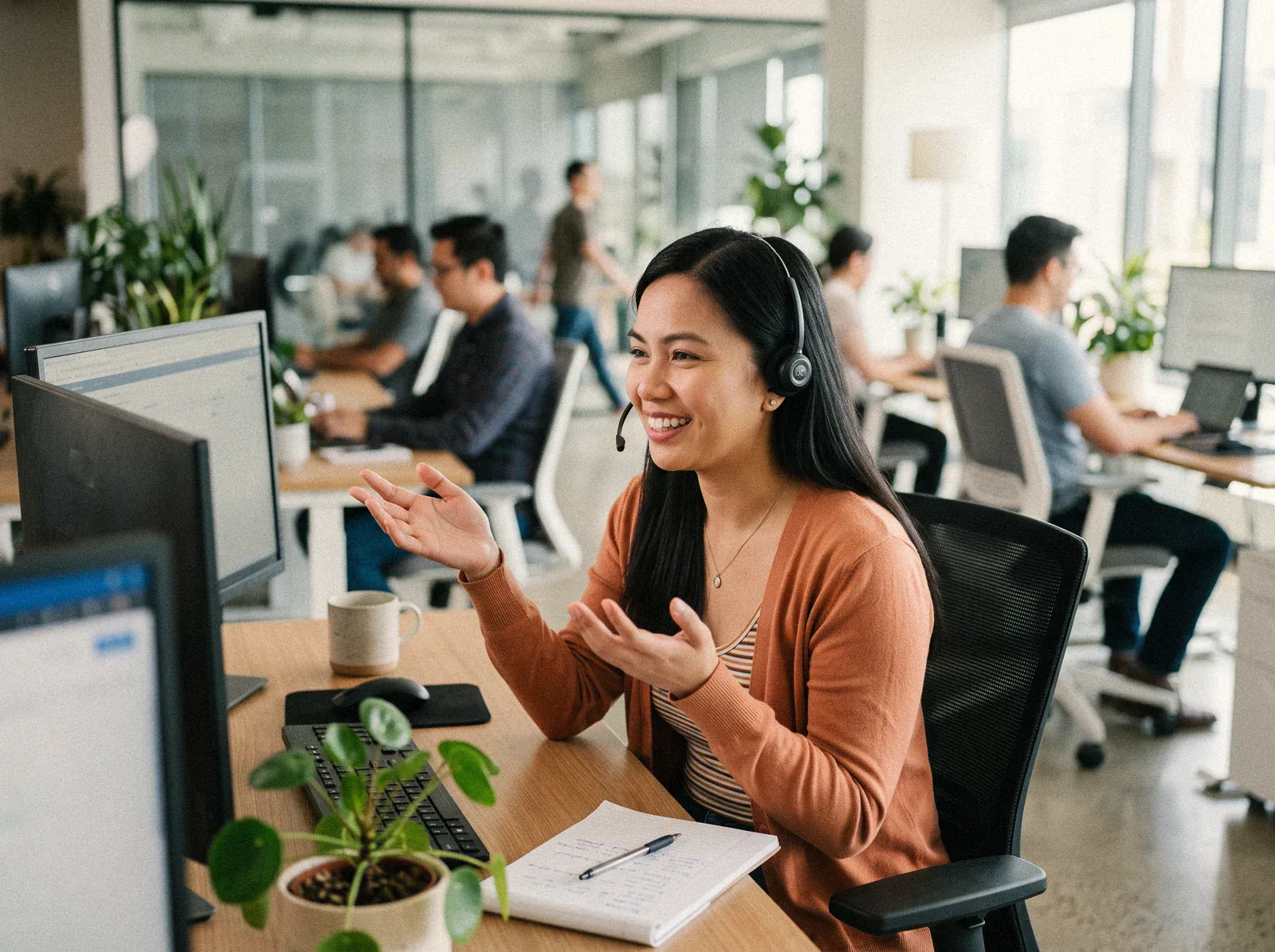 A Revcore onboarding specialist on a call at her desk