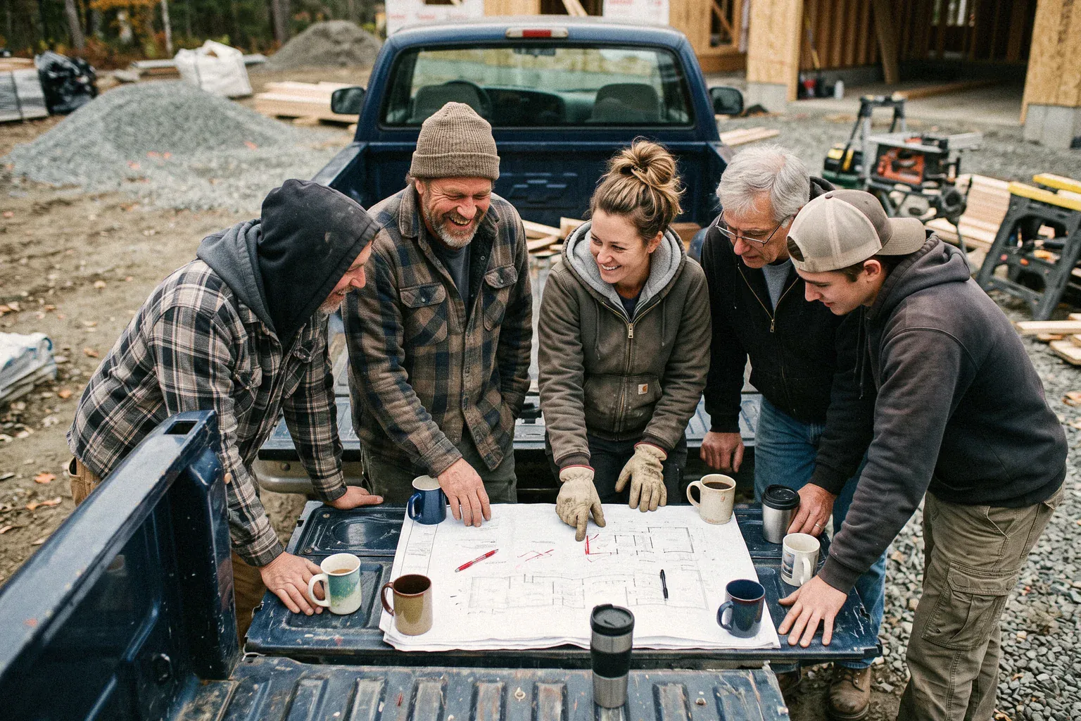 A crew going over plans on a tailgate before the day starts