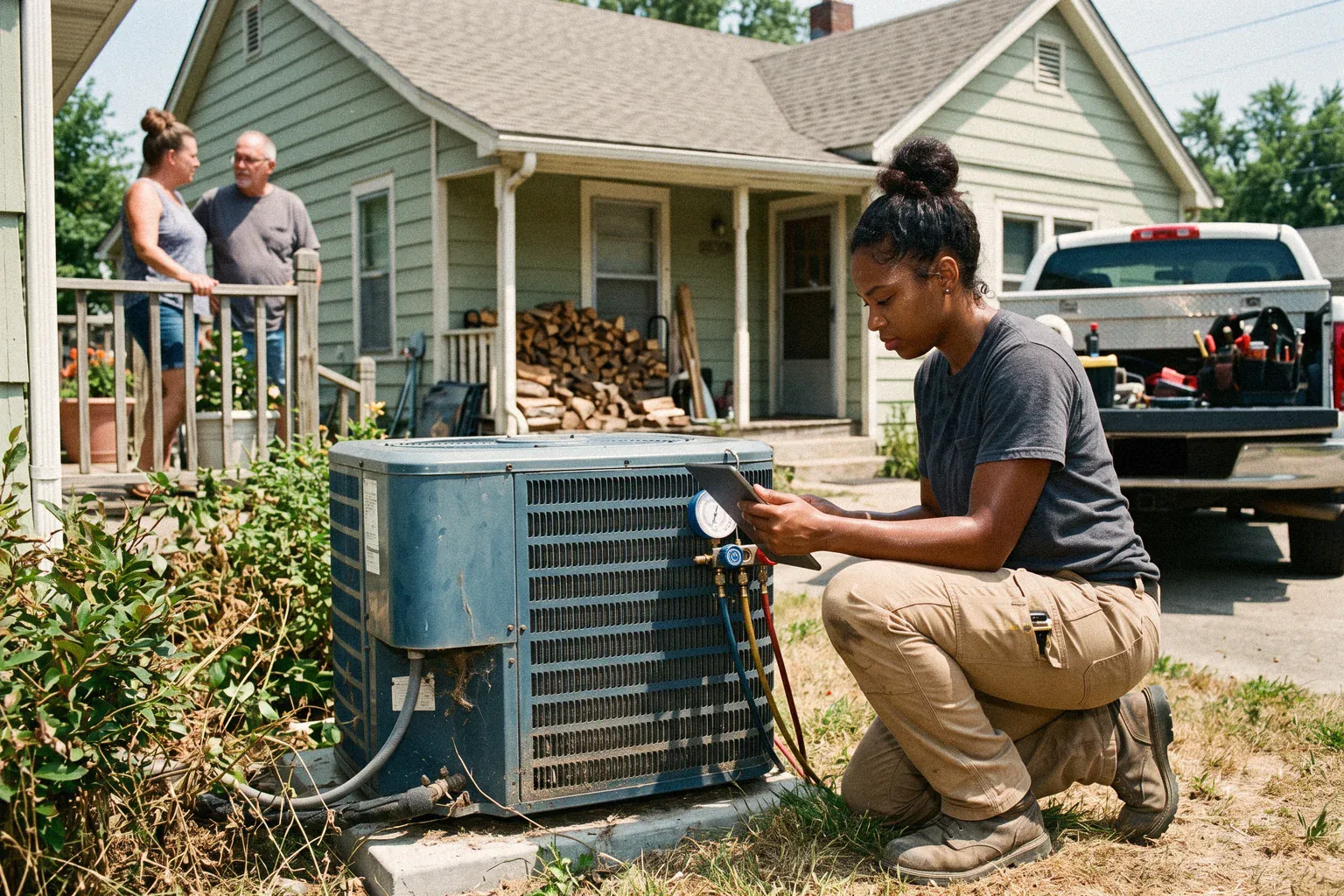 A technician checking an outdoor condenser with a tablet