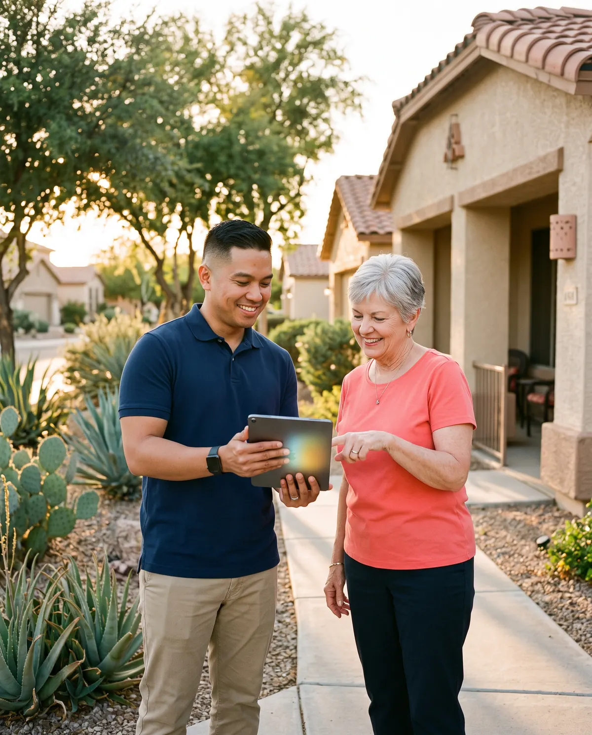 An estimator showing a homeowner inspection photos on an iPad