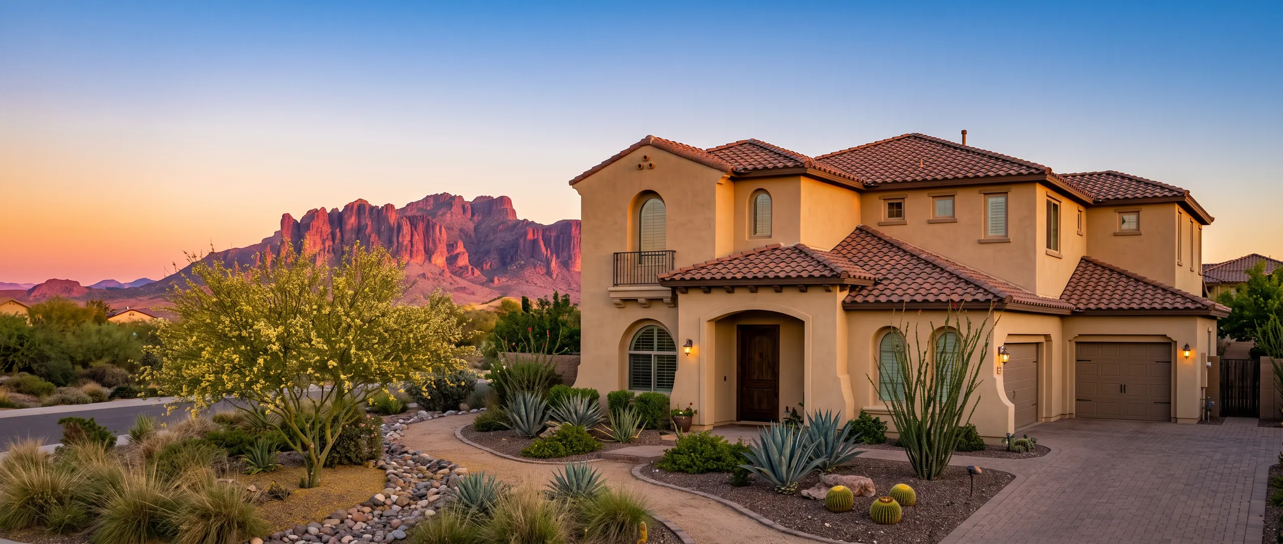 A Spanish-style Gilbert home with a new tile roof at sunset