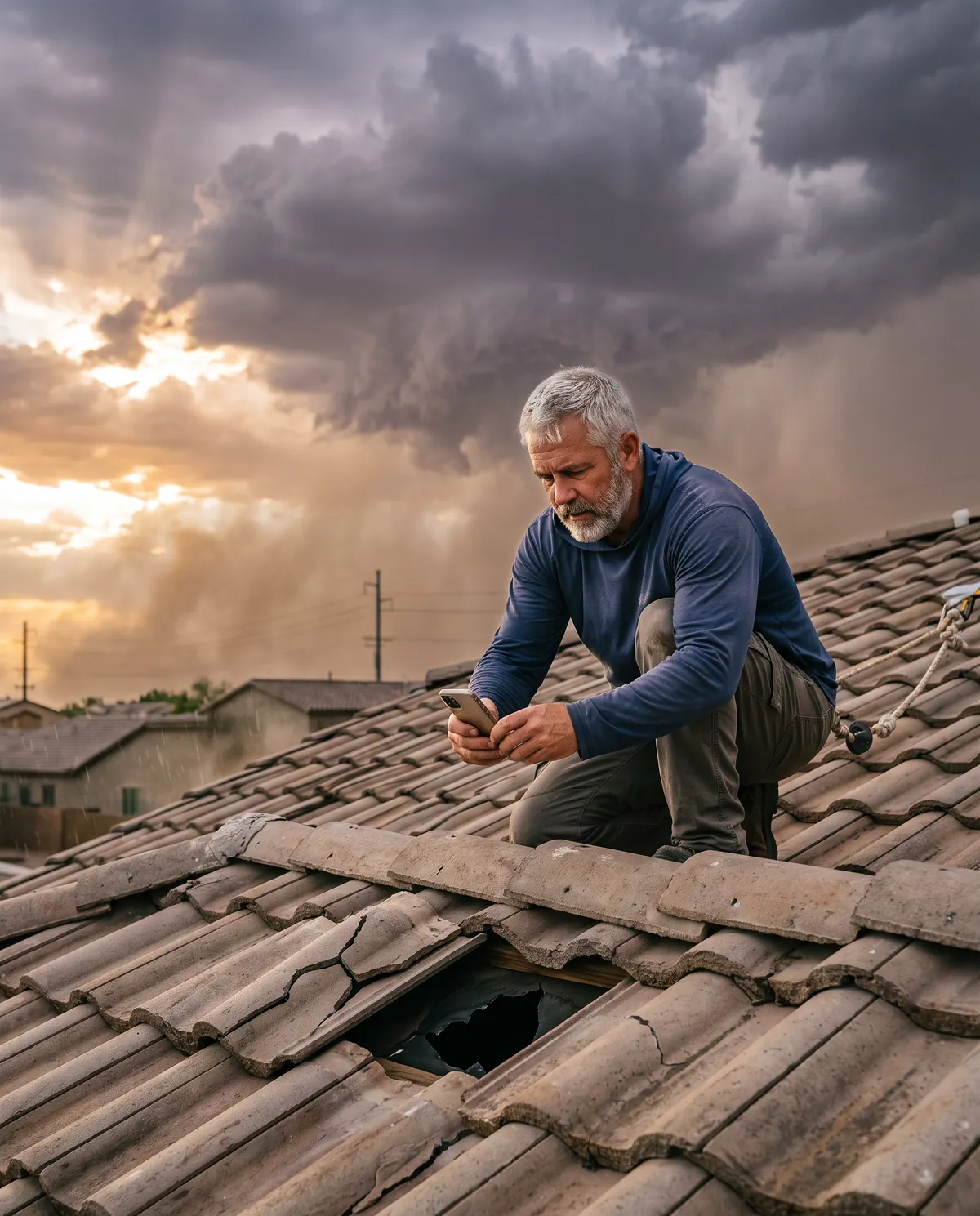 An inspector photographing cracked tiles as a monsoon rolls in