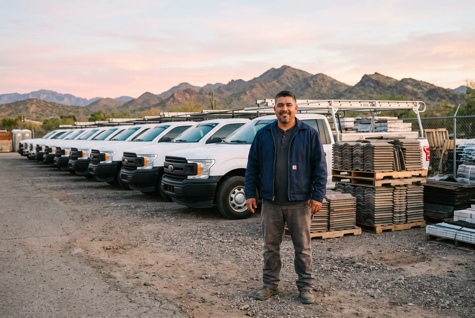 Marco Brannock in front of the company trucks