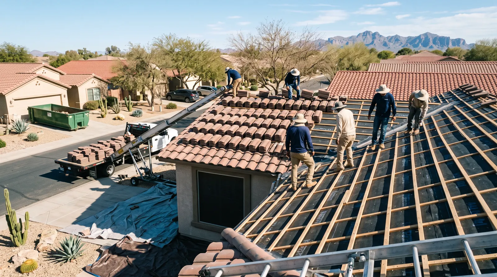 A crew relaying tile on new underlayment