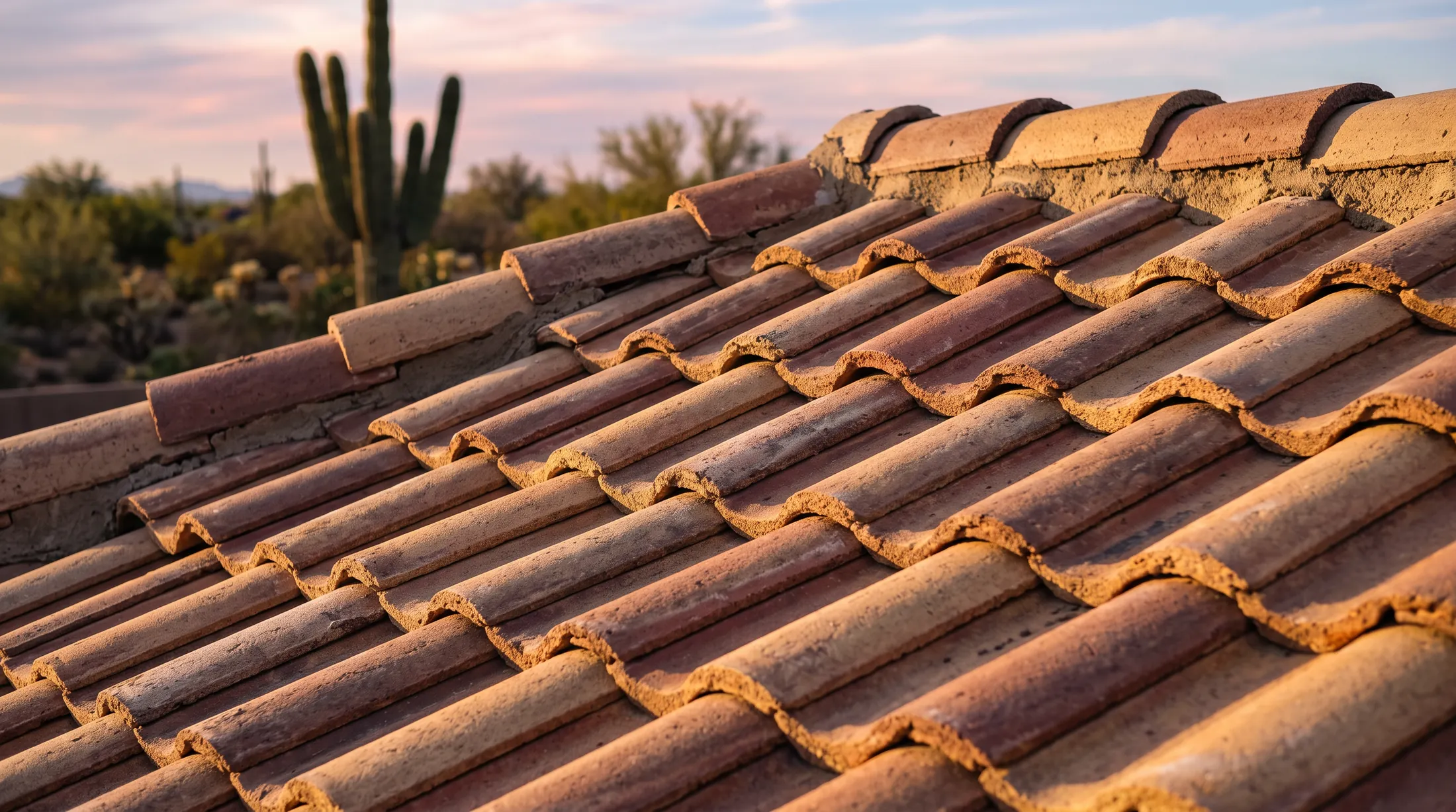 Rows of new terracotta tile at sunset