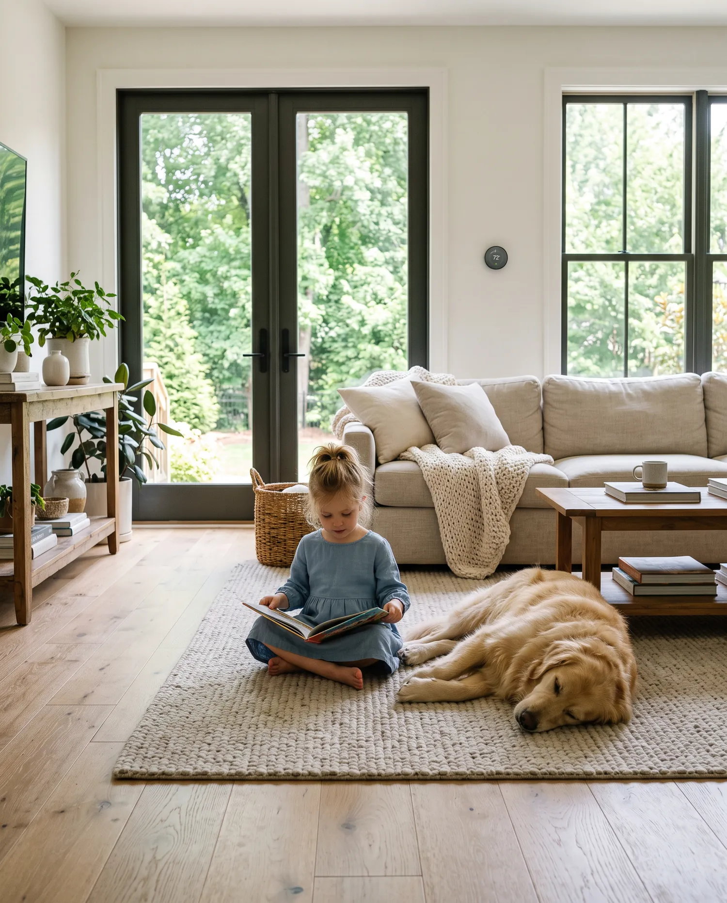 A child reading on the rug of a bright, comfortable family room