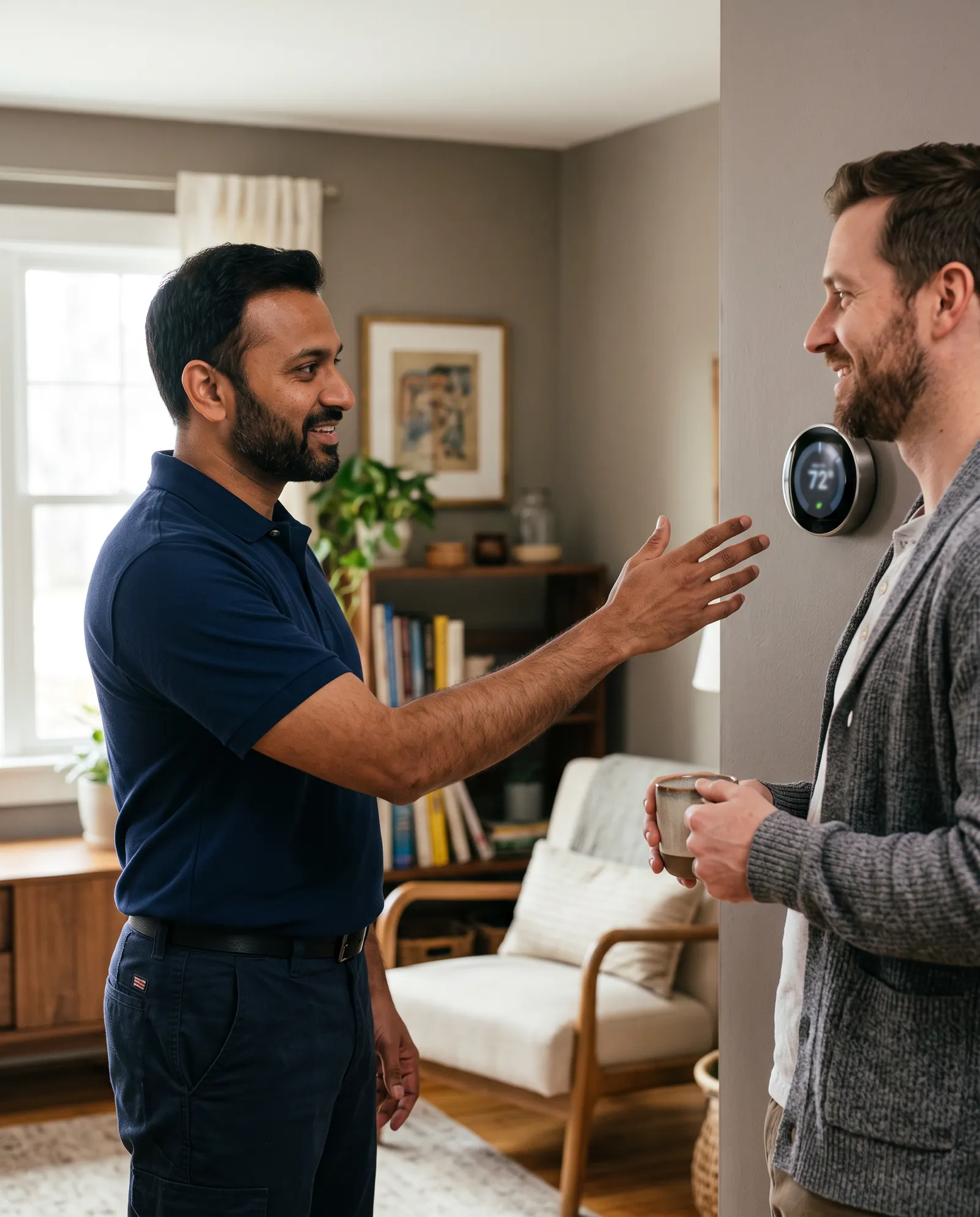 A Calloway technician explaining a thermostat to a homeowner