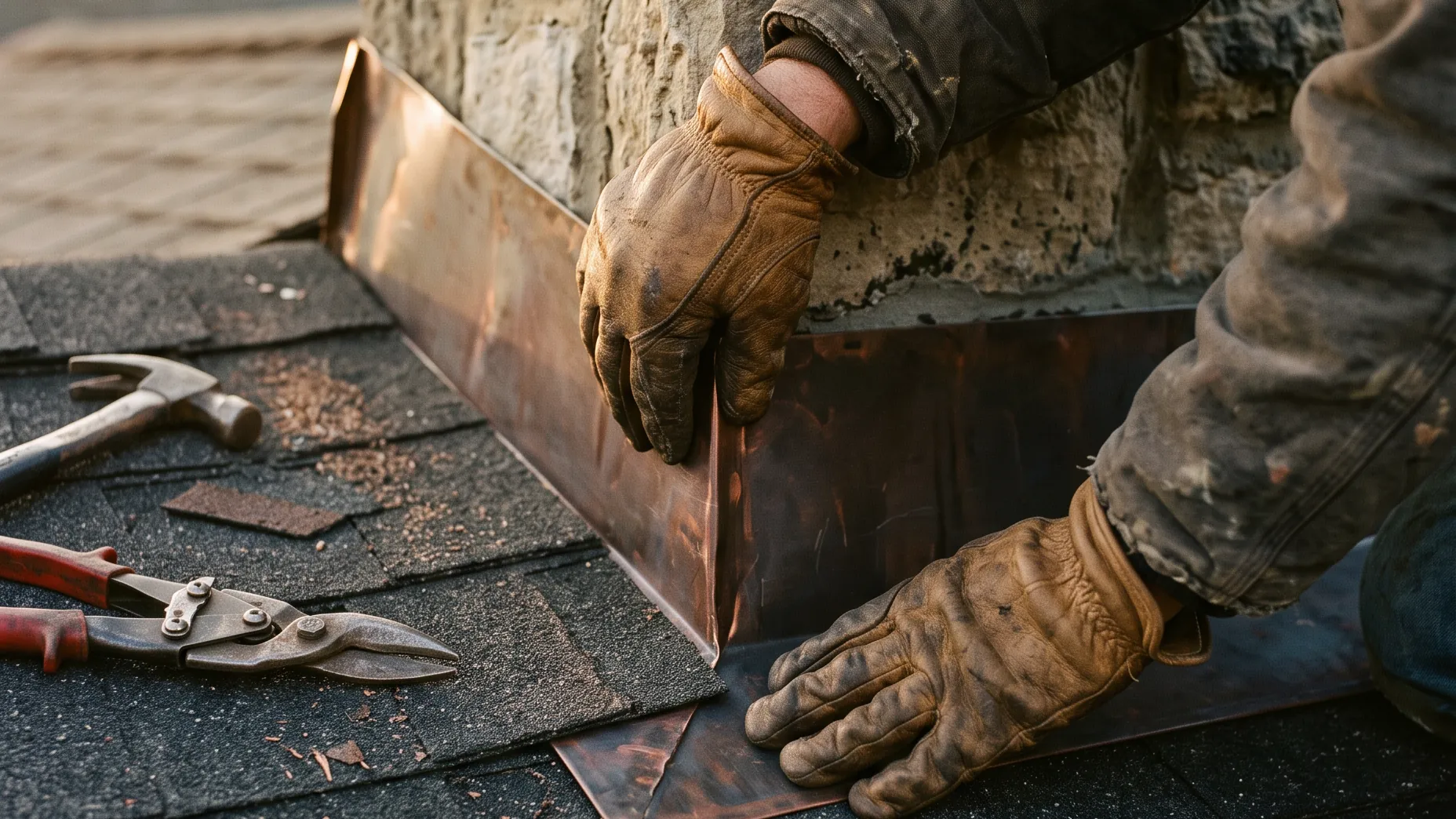 A roofer fitting copper flashing at a stone chimney