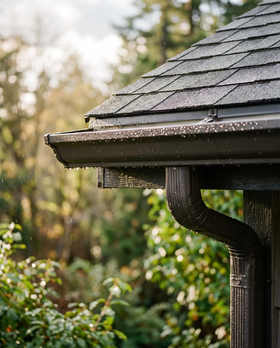A new dark bronze seamless gutter after rain