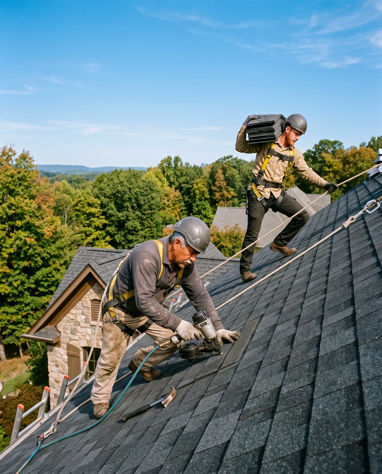 Two roofers installing new shingles