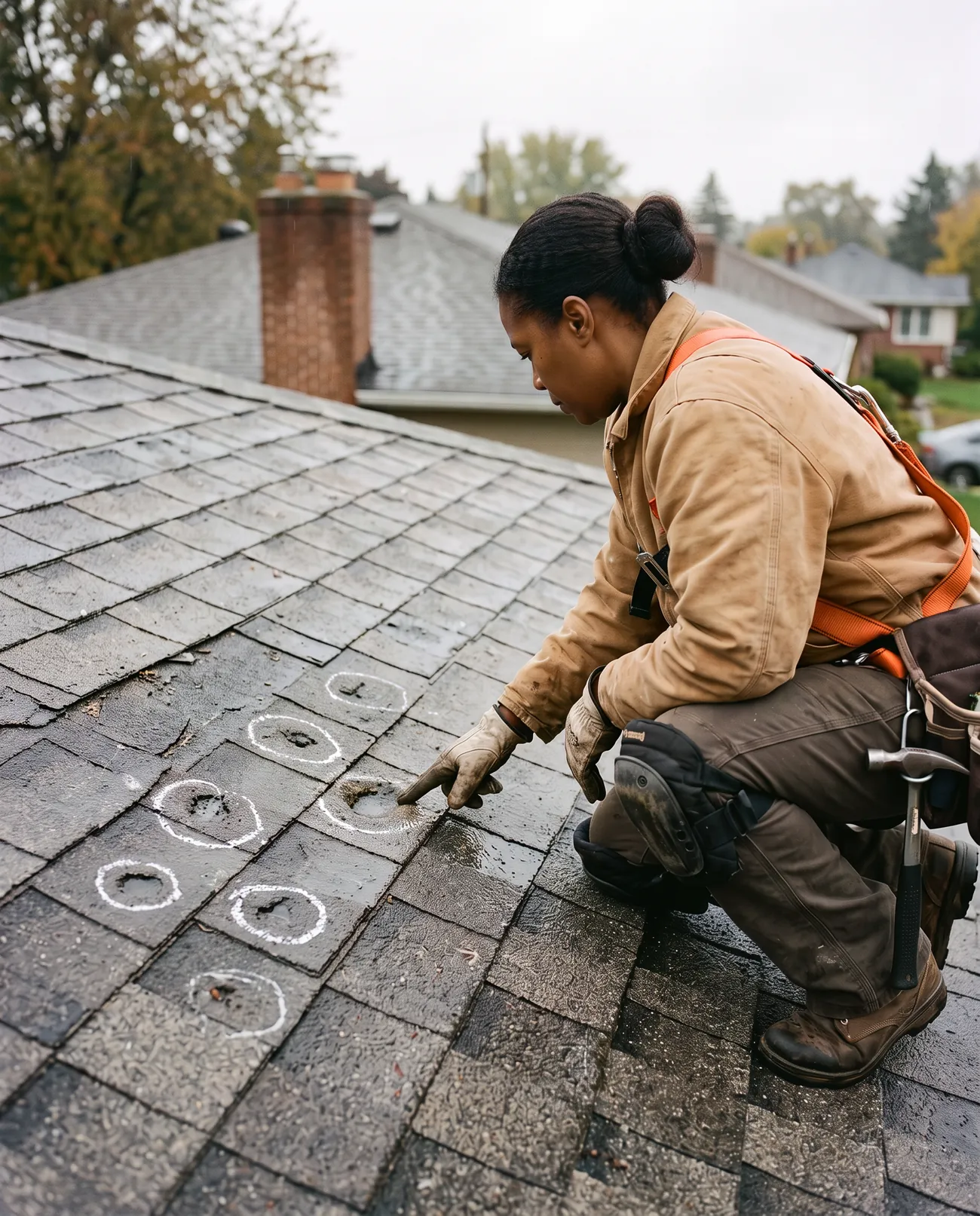An inspector marking hail damage on a roof