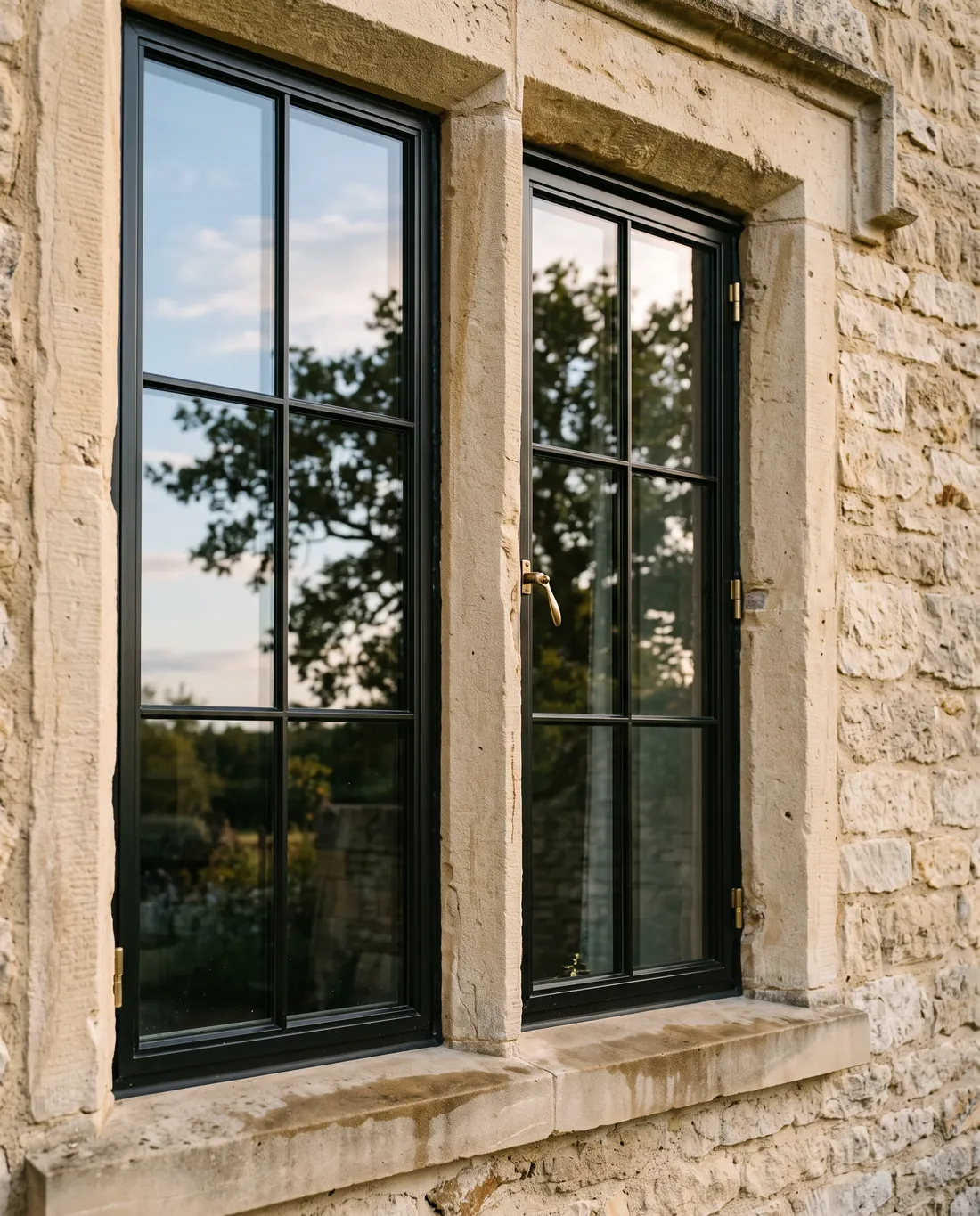 New black framed windows in a limestone wall