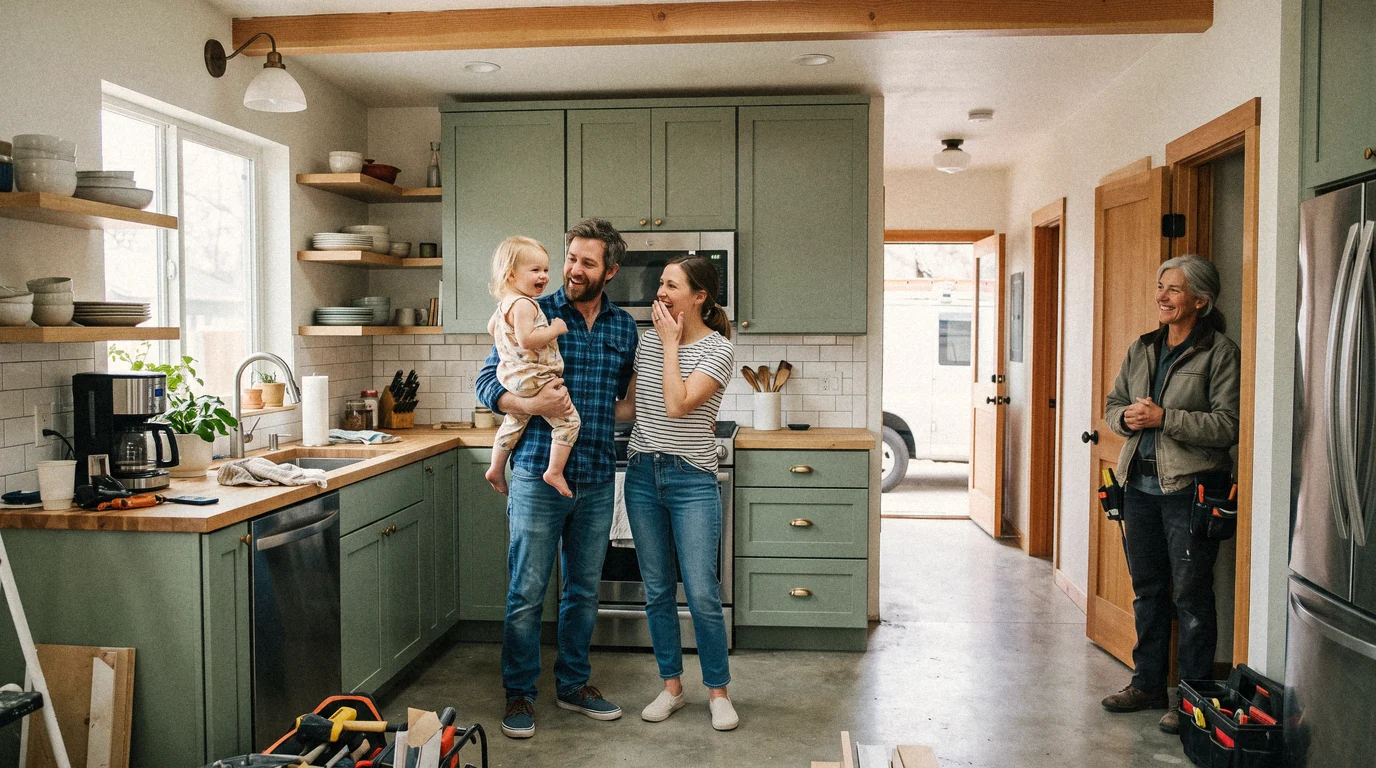 Homeowners walking through a finished kitchen with their contractor