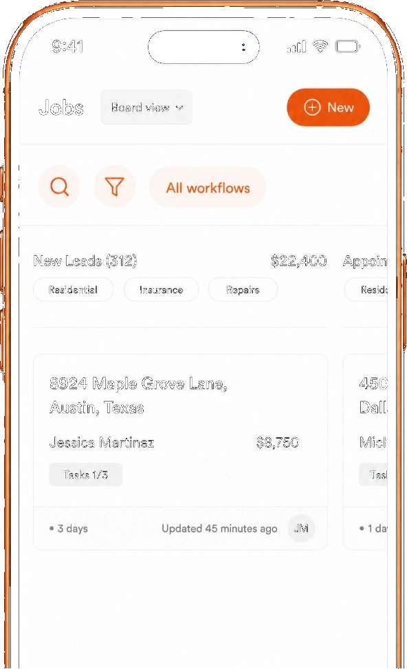 RevCore Jobs board on iPhone showing new leads, job cards, and pipeline workflow