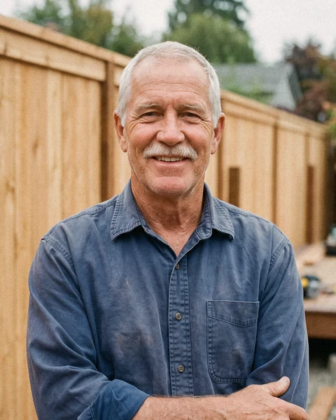 Russ Whitfield in front of a cedar fence his crew built