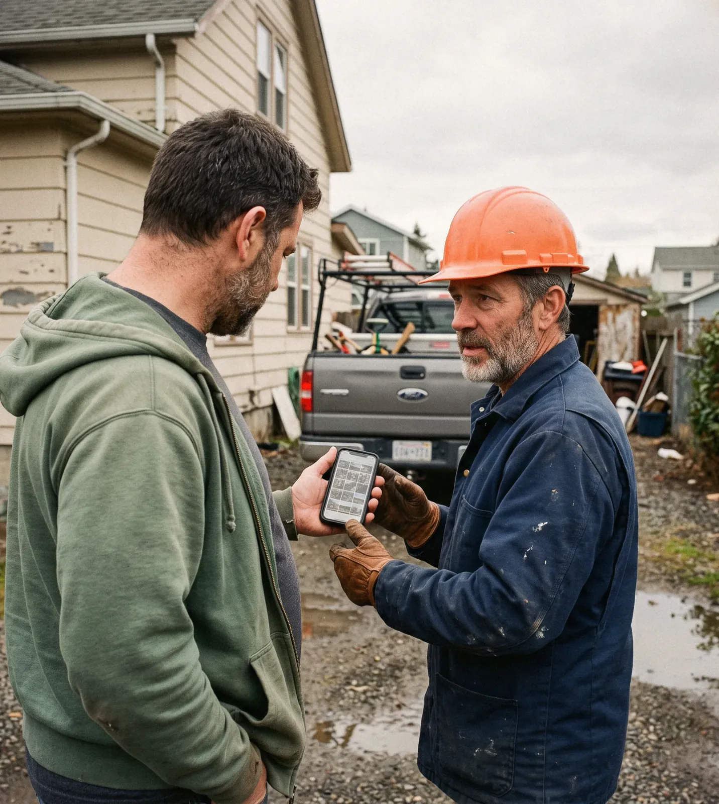 A crew member checking his phone in a driveway