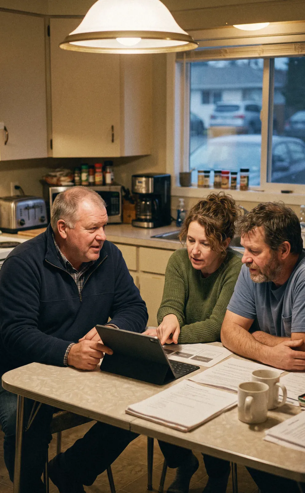 A contractor walking a couple through good, better, and best options on a tablet at their kitchen table