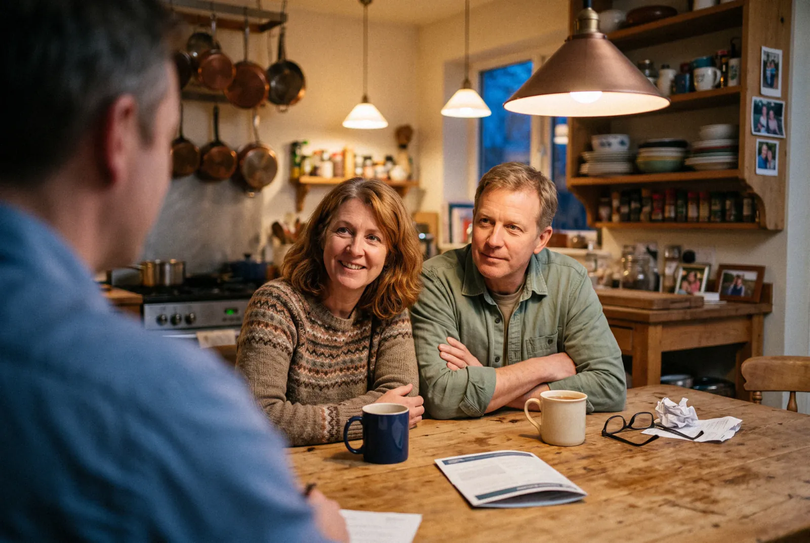 A couple at their kitchen table in the evening, listening to a sales rep
