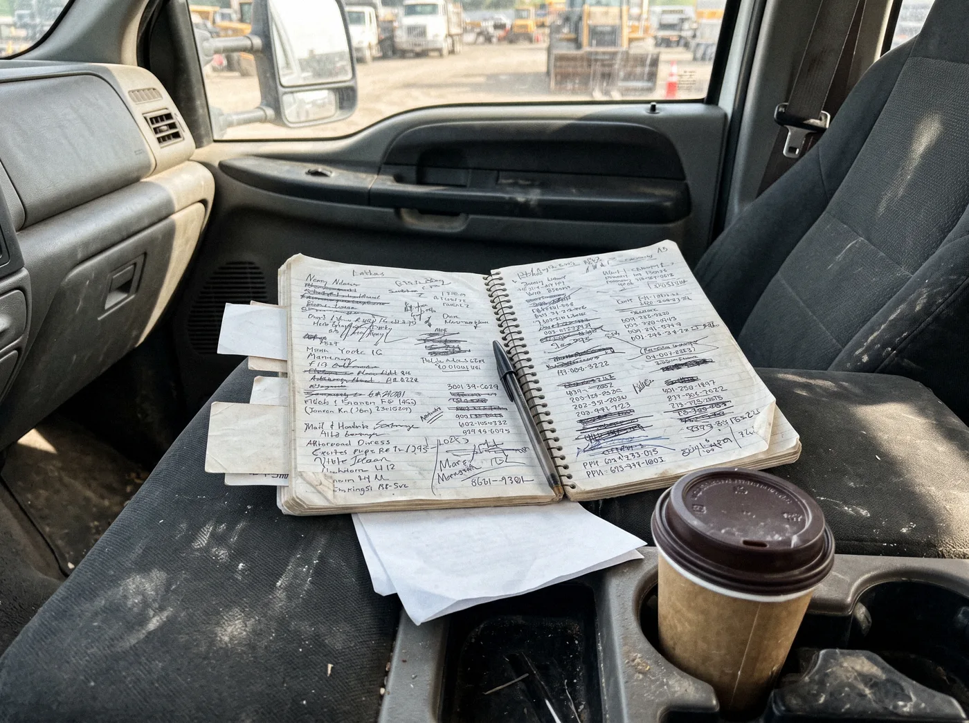 A worn spiral notebook on a truck seat with scribbled names and numbers, business cards and a coffee cup