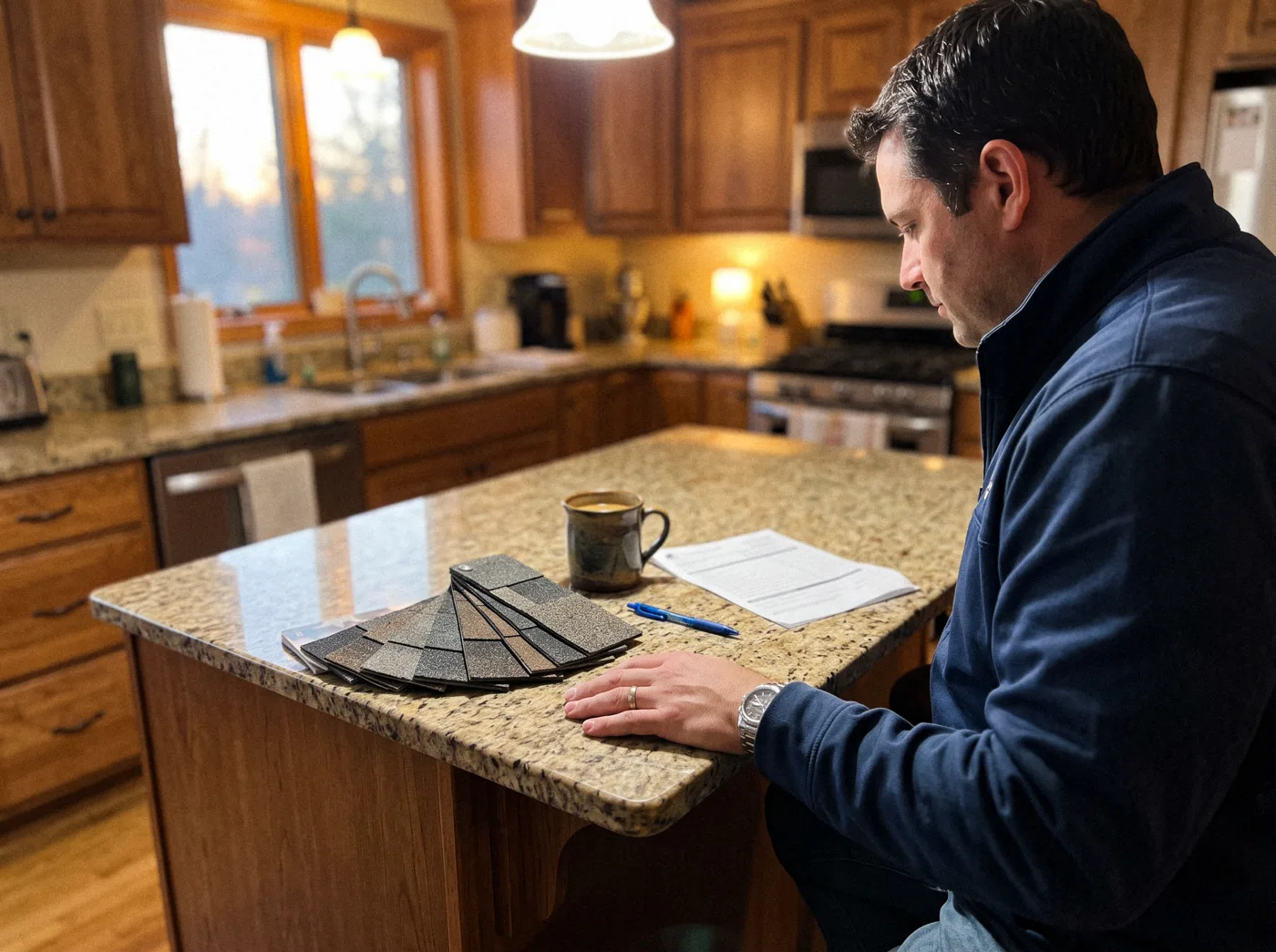 An estimator's hand on a kitchen island beside shingle color samples and a coffee mug