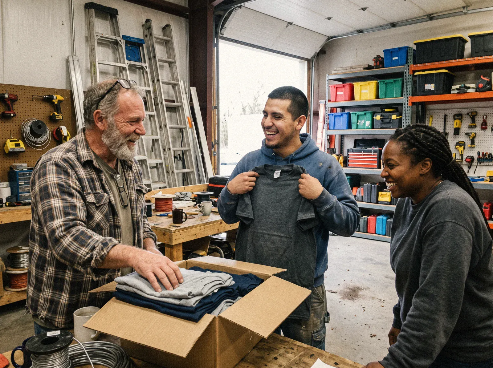 Three crew members laughing as they pull new work shirts out of a box at the shop