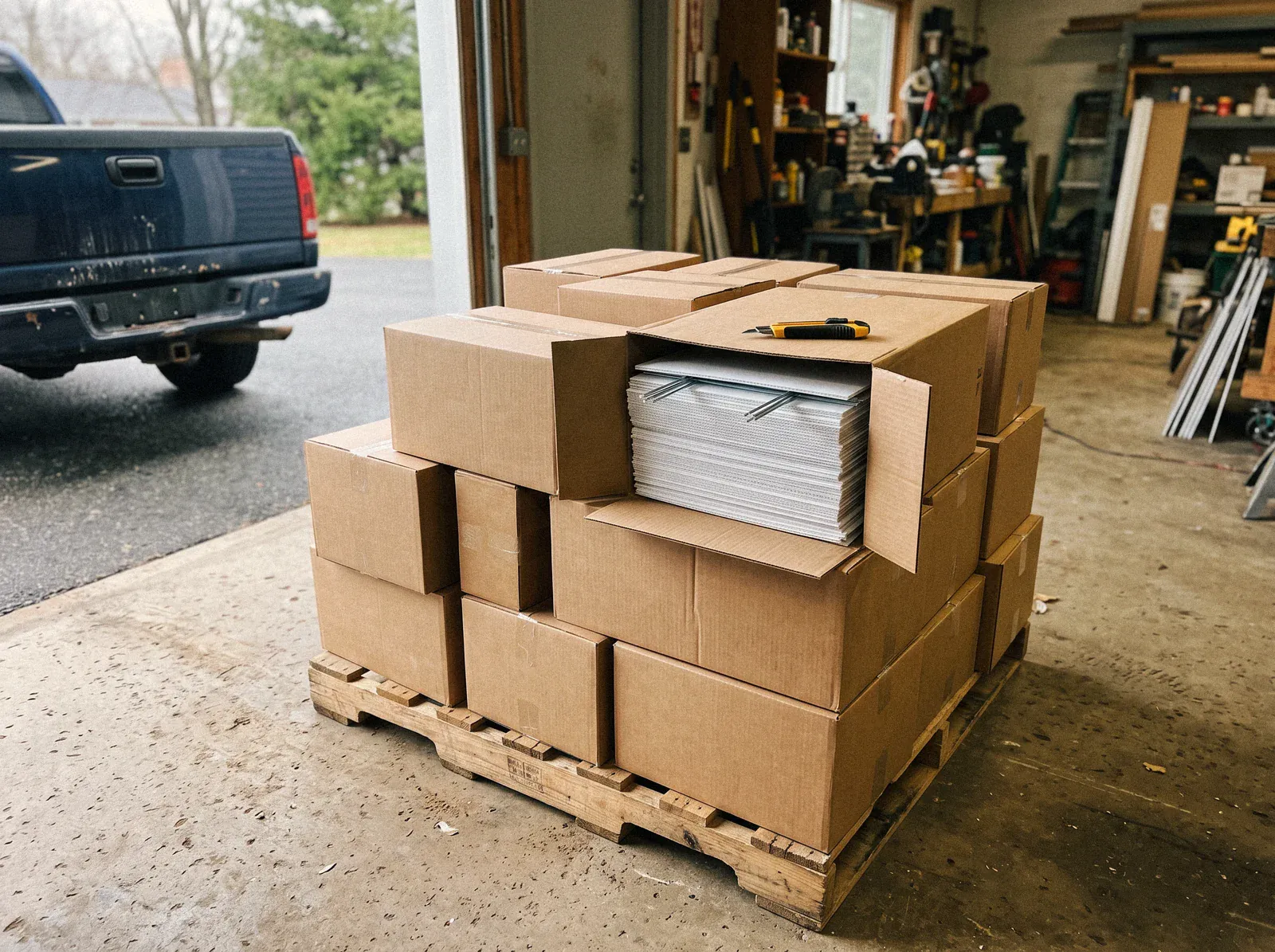 A pallet of delivered boxes inside a contractor's shop door, one open with a stack of yard signs