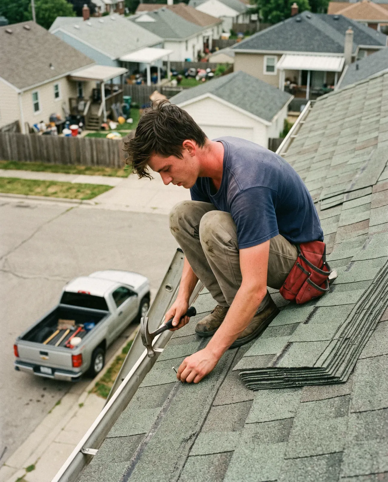A roofer at work on a roof