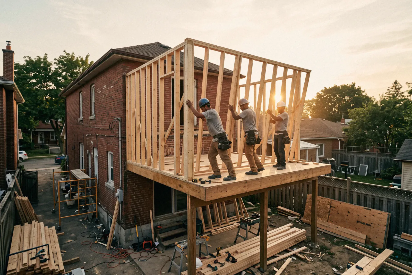 Framers raising a wall on a second-story addition