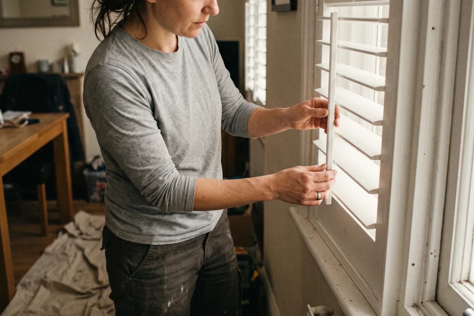 Hands adjusting new plantation shutters