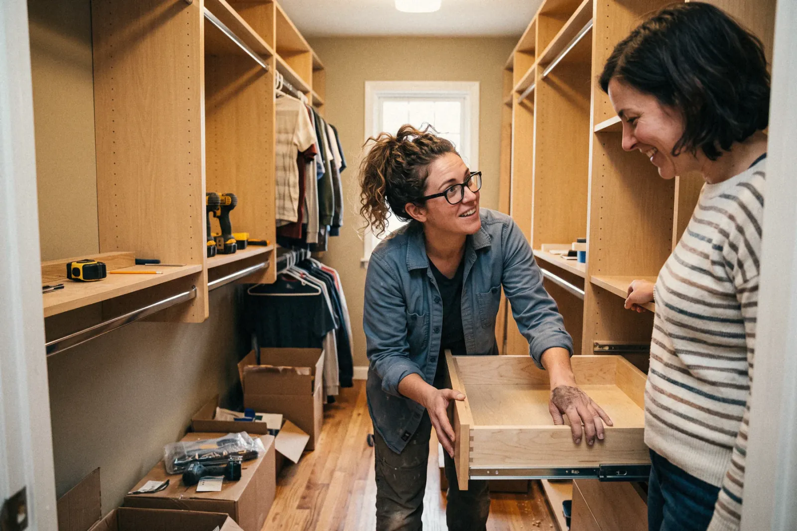 An installer showing a homeowner new closet shelving