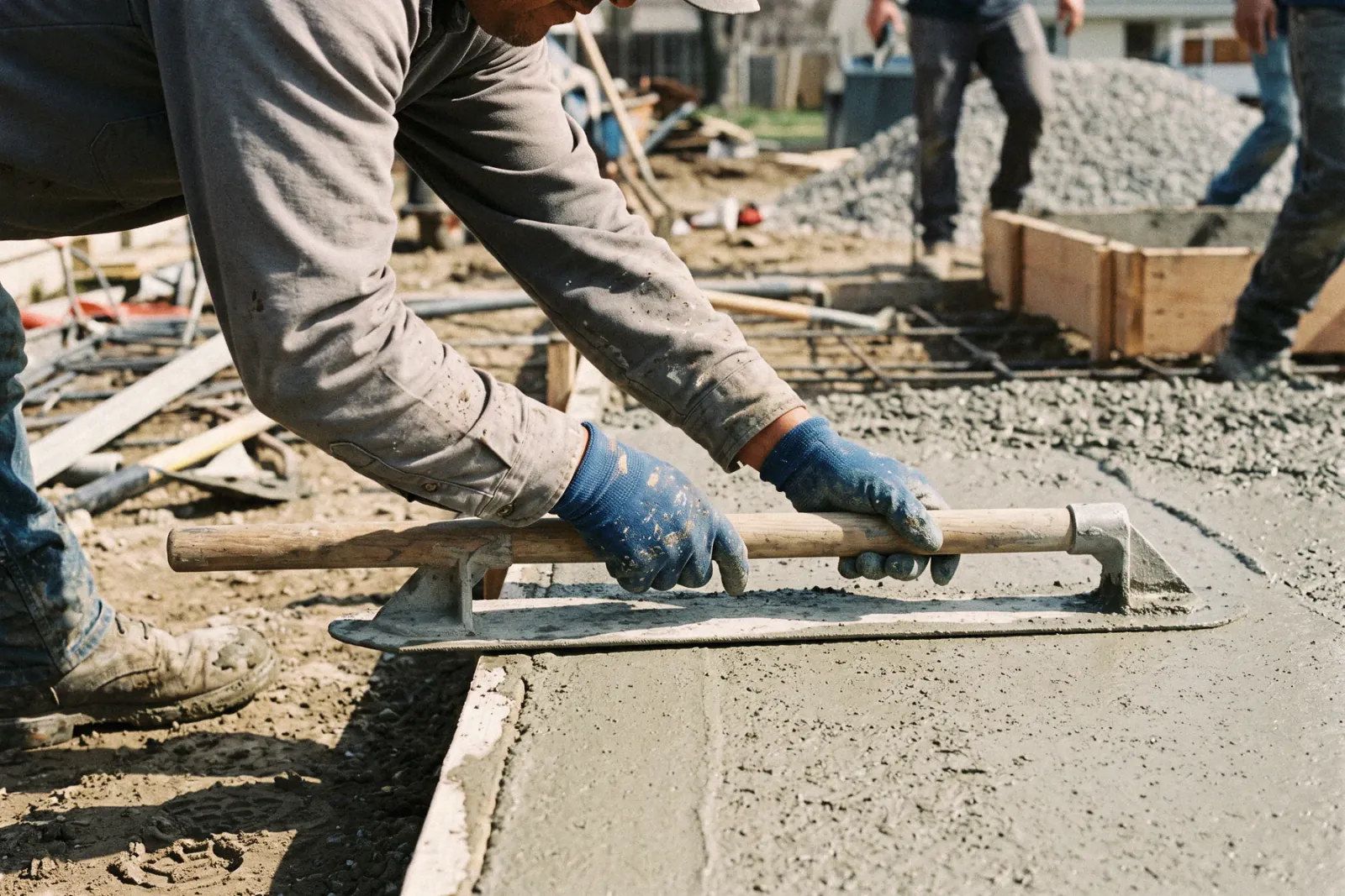 A mason floating fresh concrete
