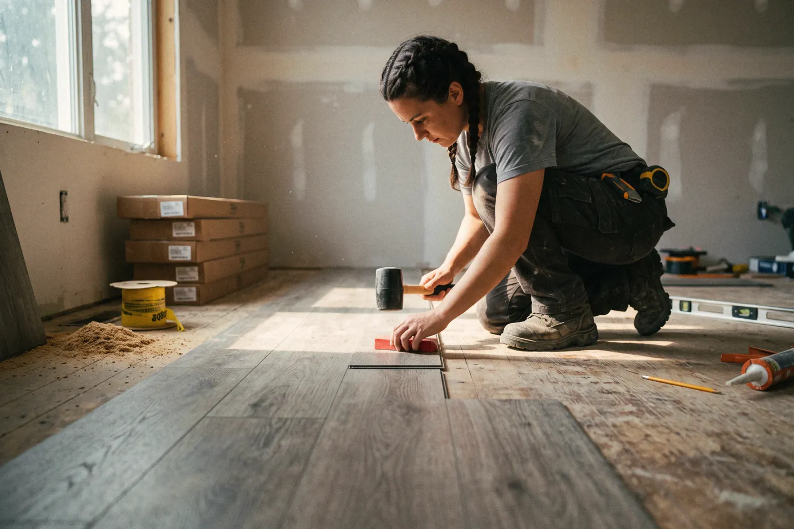 An installer tapping a vinyl plank into place
