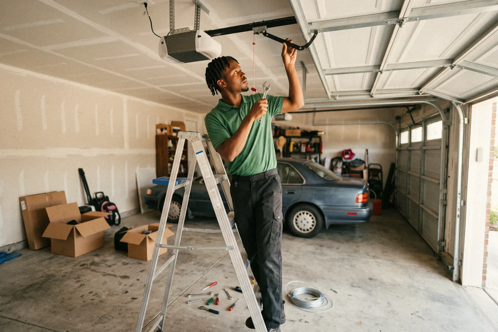 A technician on a ladder adjusting a garage door opener