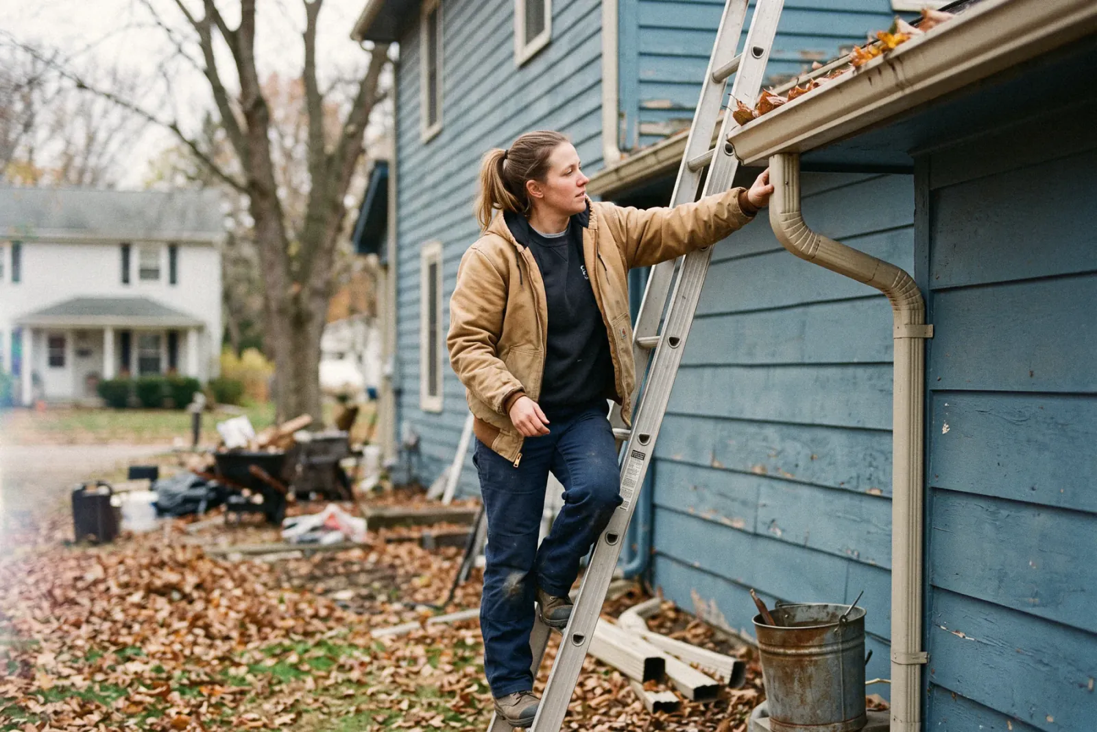 An installer on a ladder fitting a downspout