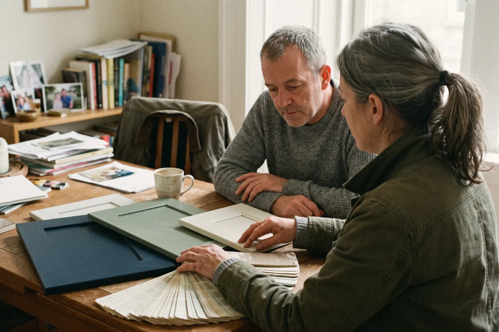 A designer laying out samples for a homeowner