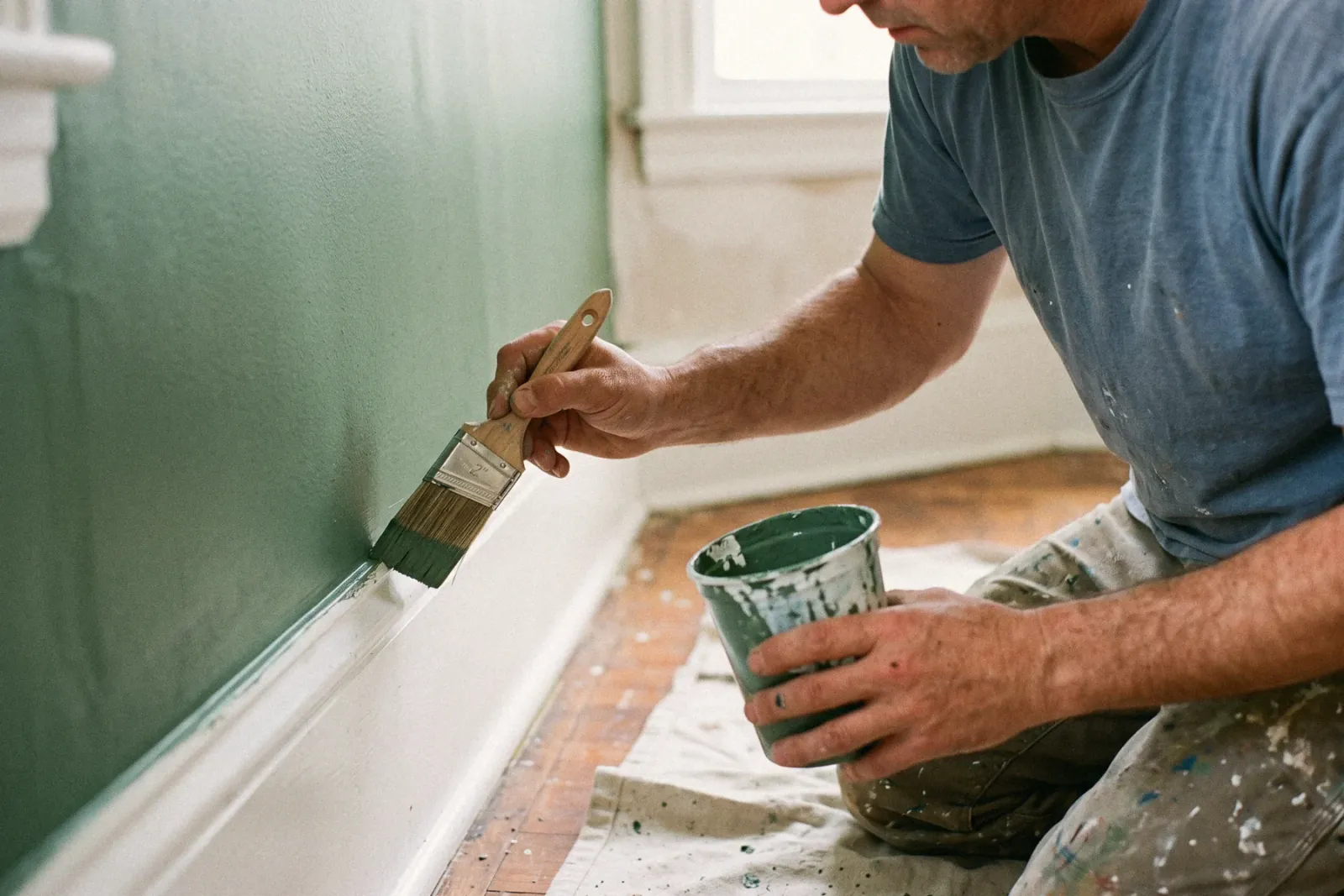 A painter cutting a line of green paint along white trim