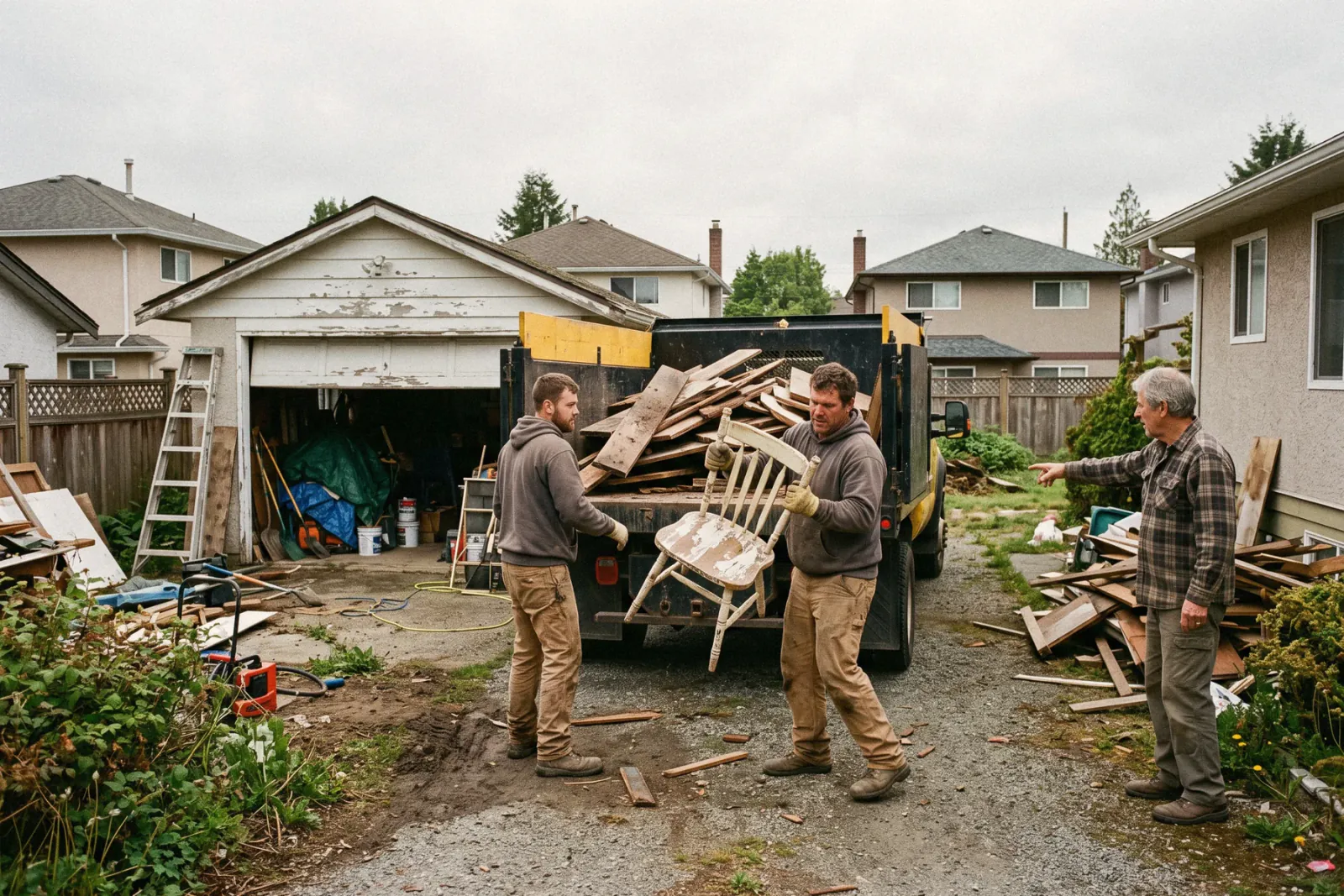 Two workers loading old wood and furniture into a truck