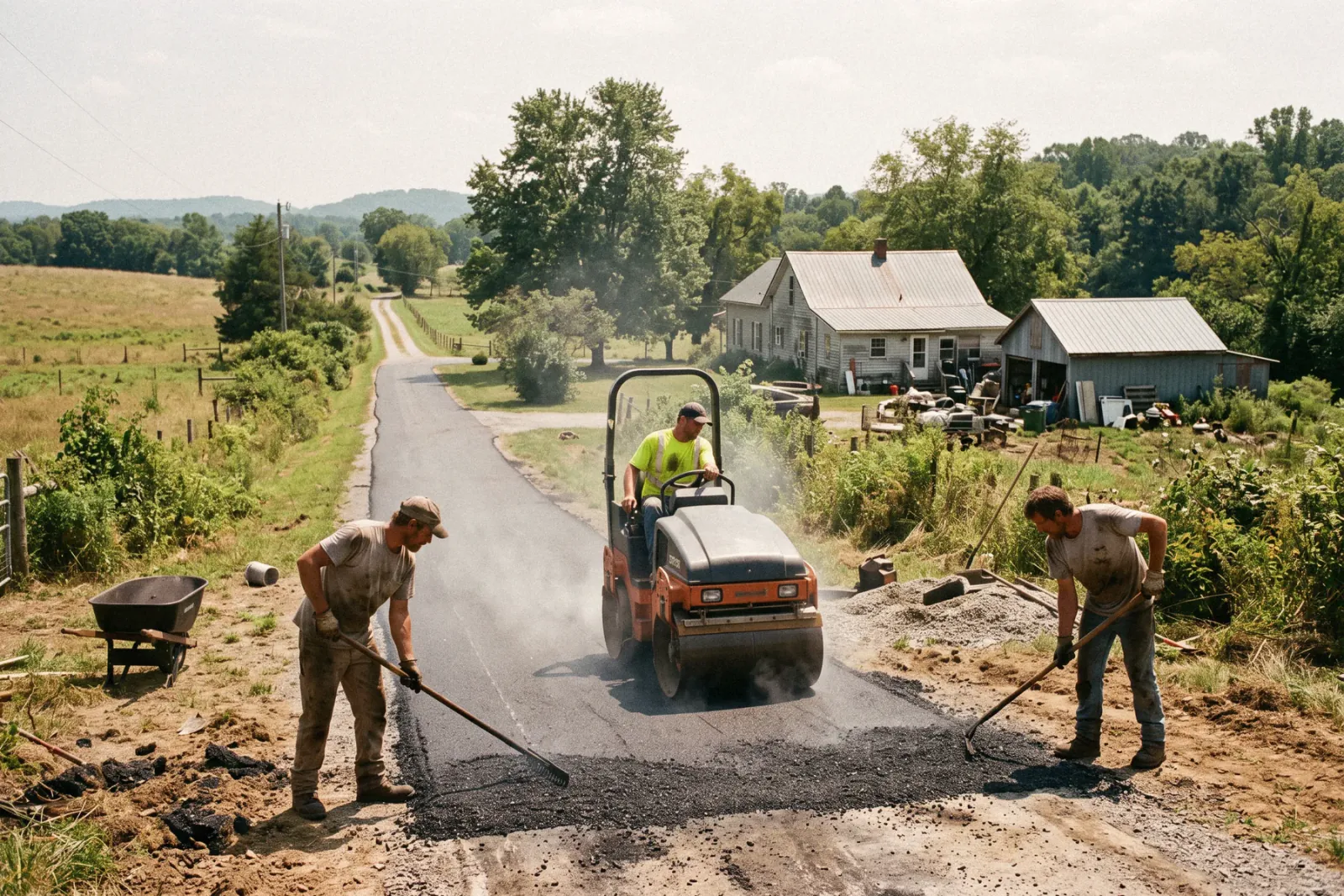 A crew rolling fresh asphalt on a long driveway