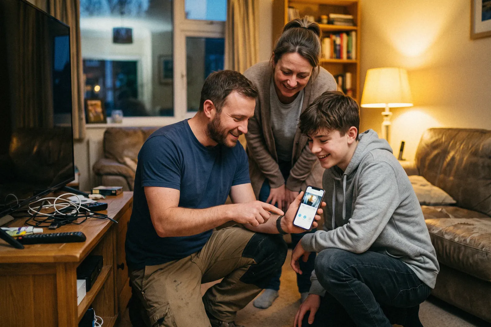 A technician showing a family the new doorbell camera app